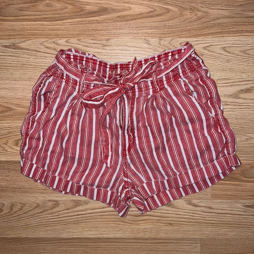 American Eagle Outfitters Red and White Striped Paperbag Tie-Waist Shorts